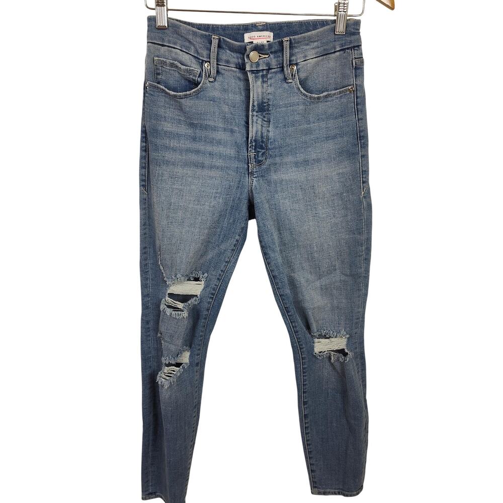 Good American Jeans Womens 4/27 Blue Distressed Skinny High Rise Ankle Denim
